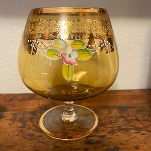 Bohemian Brandy Snifter Amber Hand Painted Gold Trim Elegant Swanky Vintage